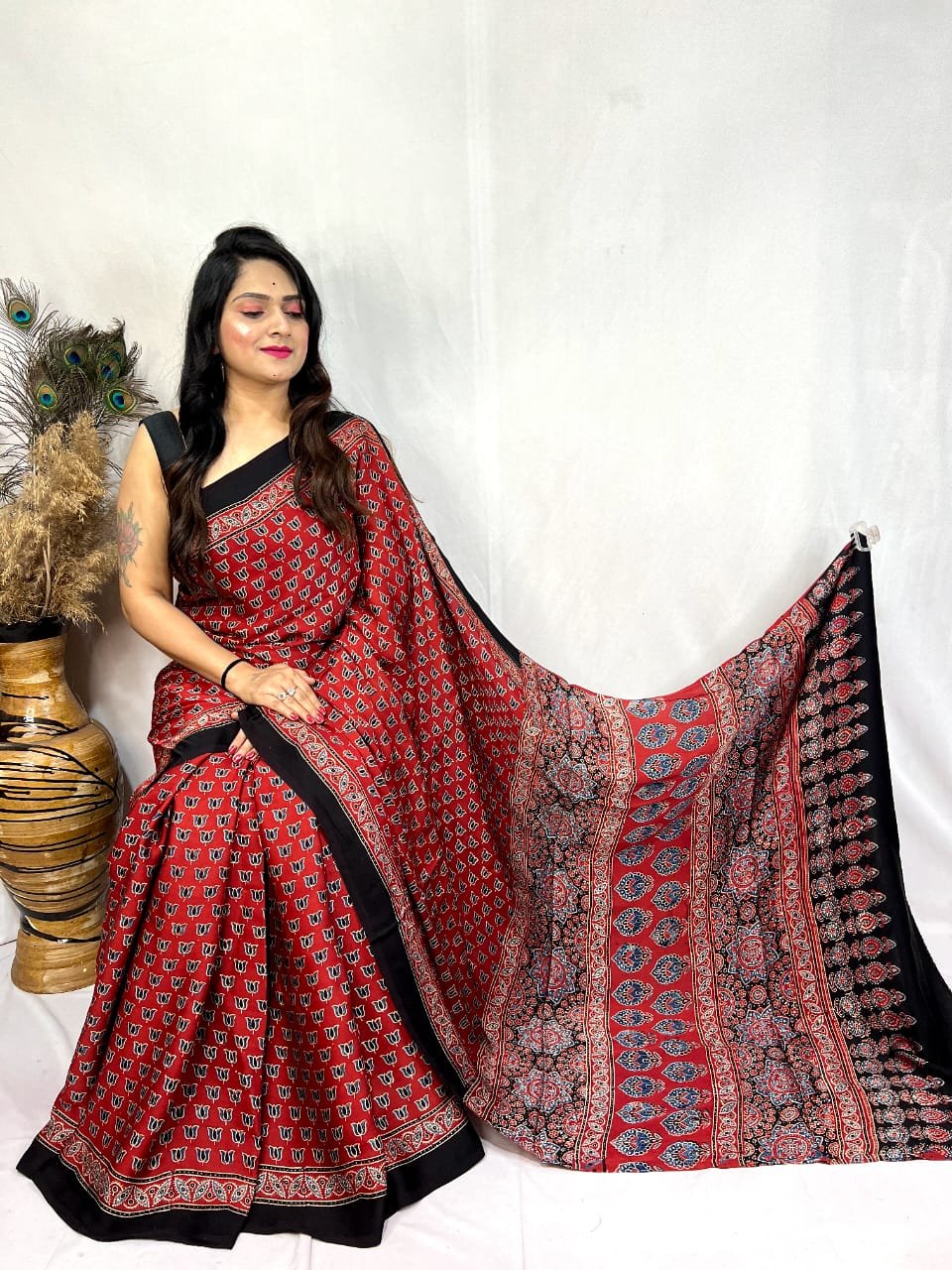 Modal Silk Ajrakh Handblock Print Beautiful Saree - Image 3