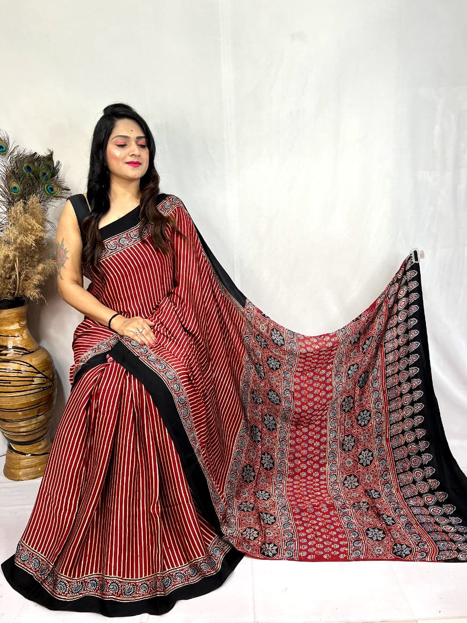Modal Silk Ajrakh Handblock Print Beautiful Saree - Image 8