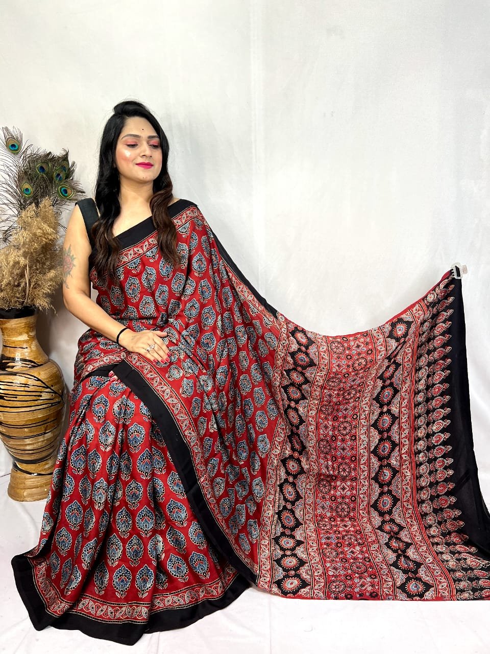 Modal Silk Ajrakh Handblock Print Beautiful Saree