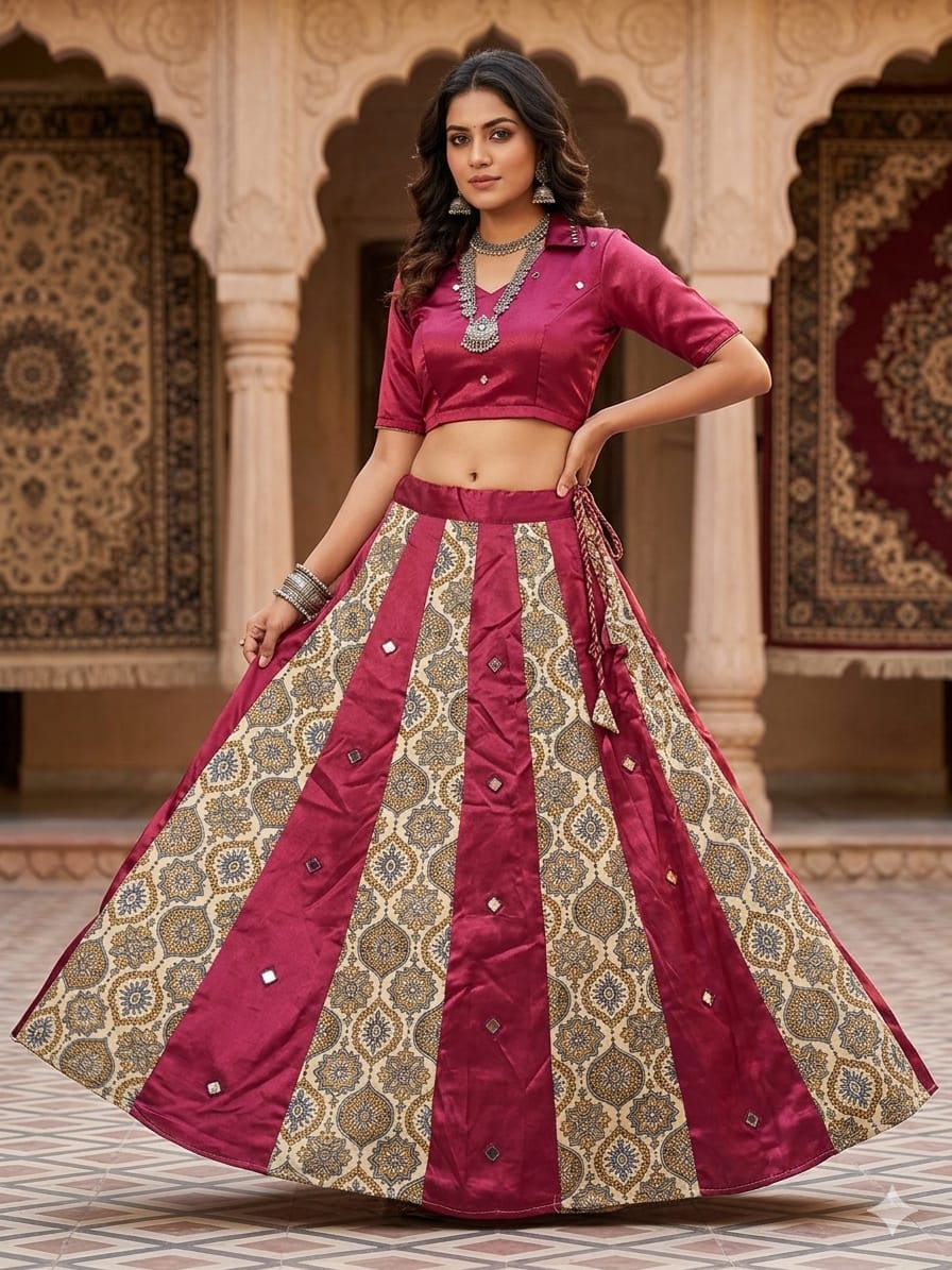 Mashru Plain & Printed Kali Skirt with Mirror Work – Elegant Traditional Flair