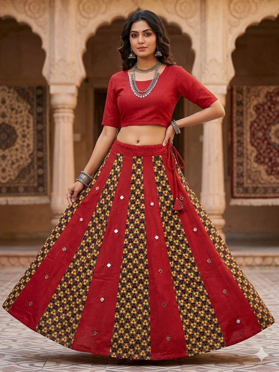 Mashru Plain & Printed Kali Skirt with Mirror Work – Elegant Traditional Flair - Image 5