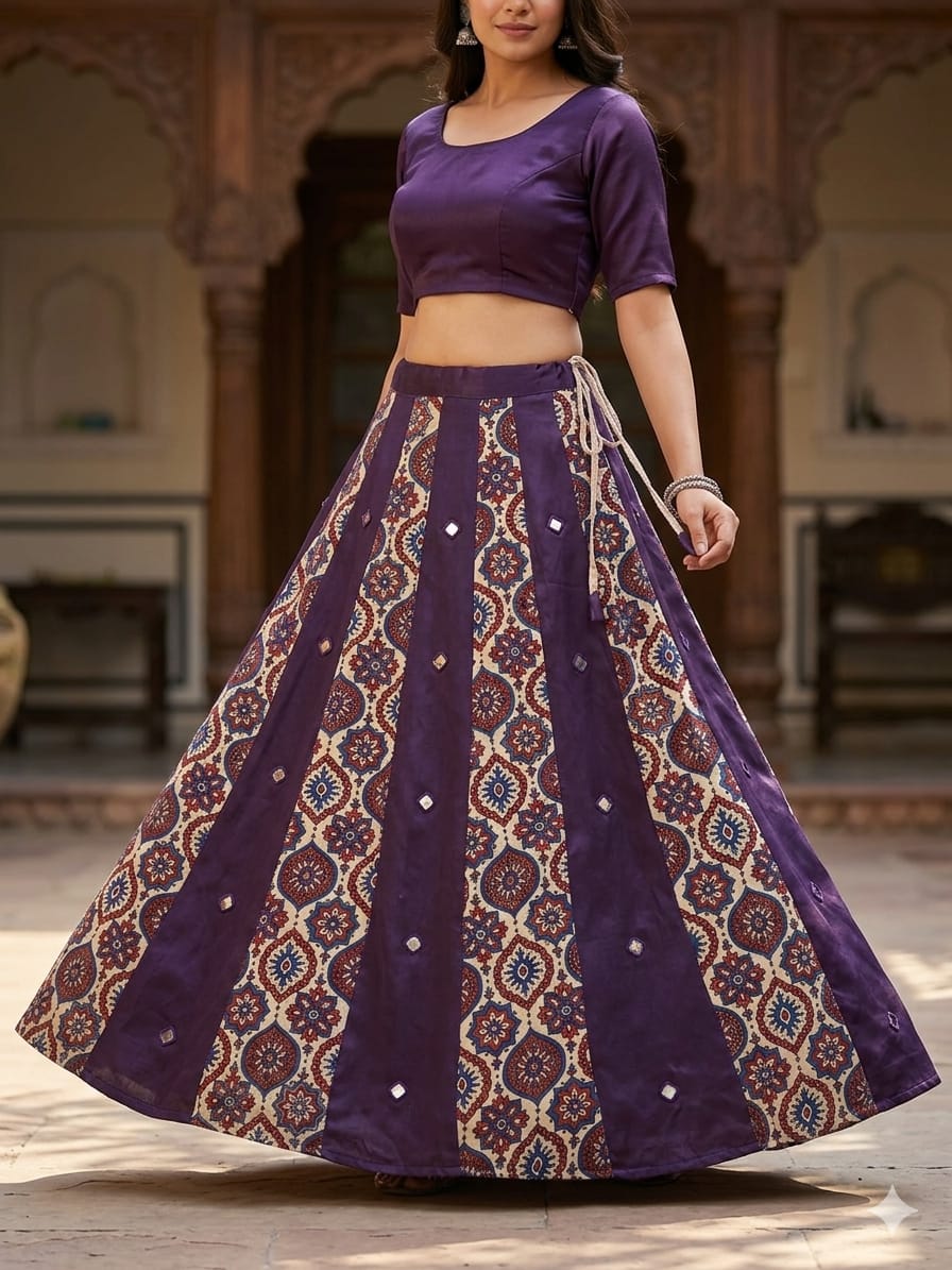 Mashru Plain & Printed Kali Skirt with Mirror Work – Elegant Traditional Flair - Image 7