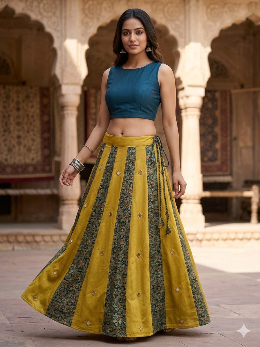 Mashru Plain & Printed Kali Skirt with Mirror Work – Elegant Traditional Flair - Image 8