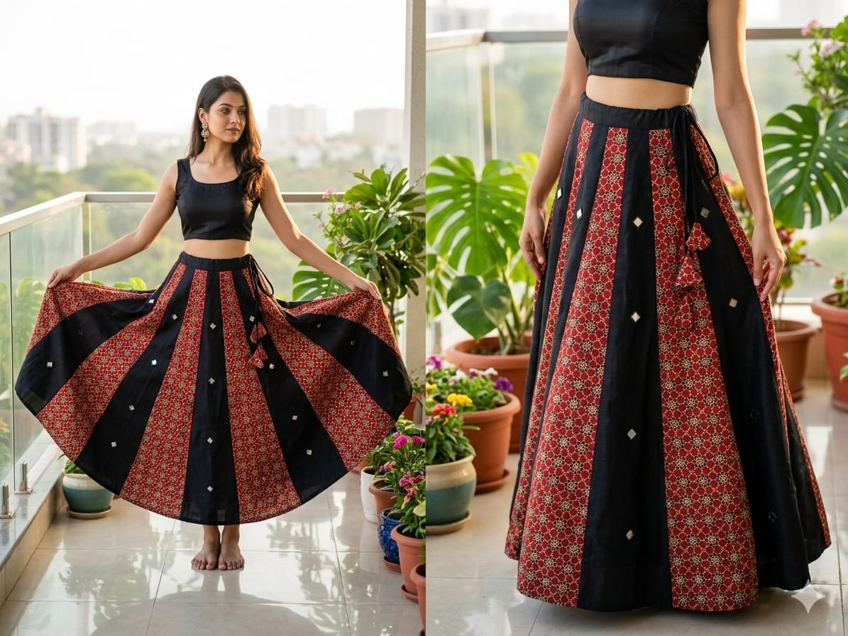 Mashru Plain & Printed Kali Skirt with Mirror Work – Elegant Traditional Flair - Image 10