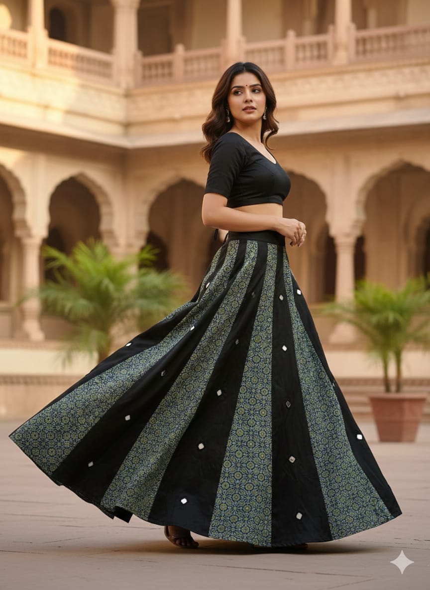 Mashru Plain & Printed Kali Skirt with Mirror Work – Elegant Traditional Flair - Image 12