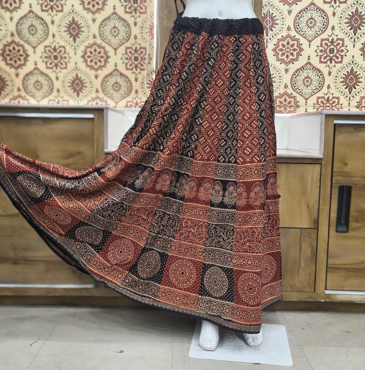 Cotton Ajrakh Handblock Natural Dye Kali Skirt - Image 2