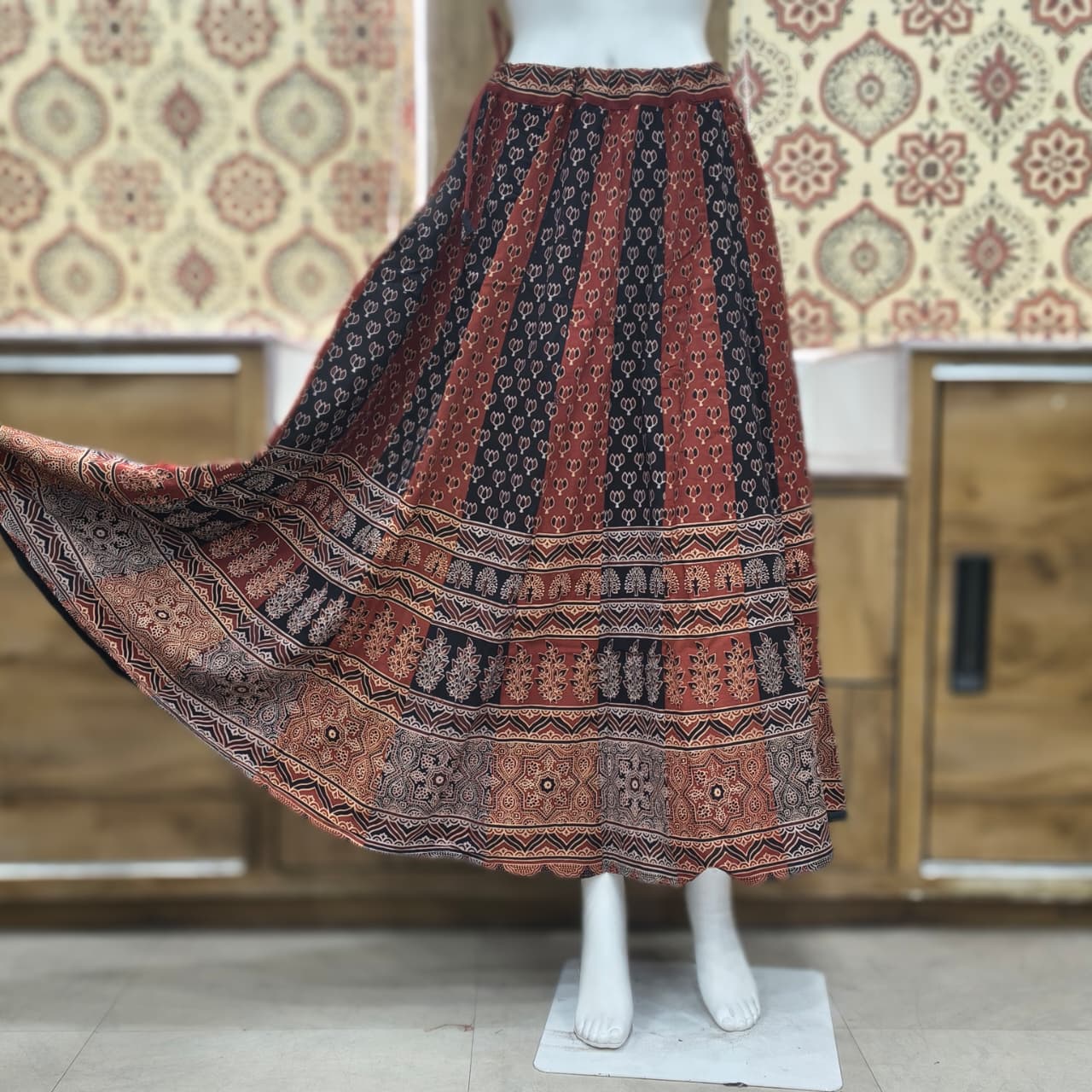 Cotton Ajrakh Handblock Natural Dye Kali Skirt - Image 3