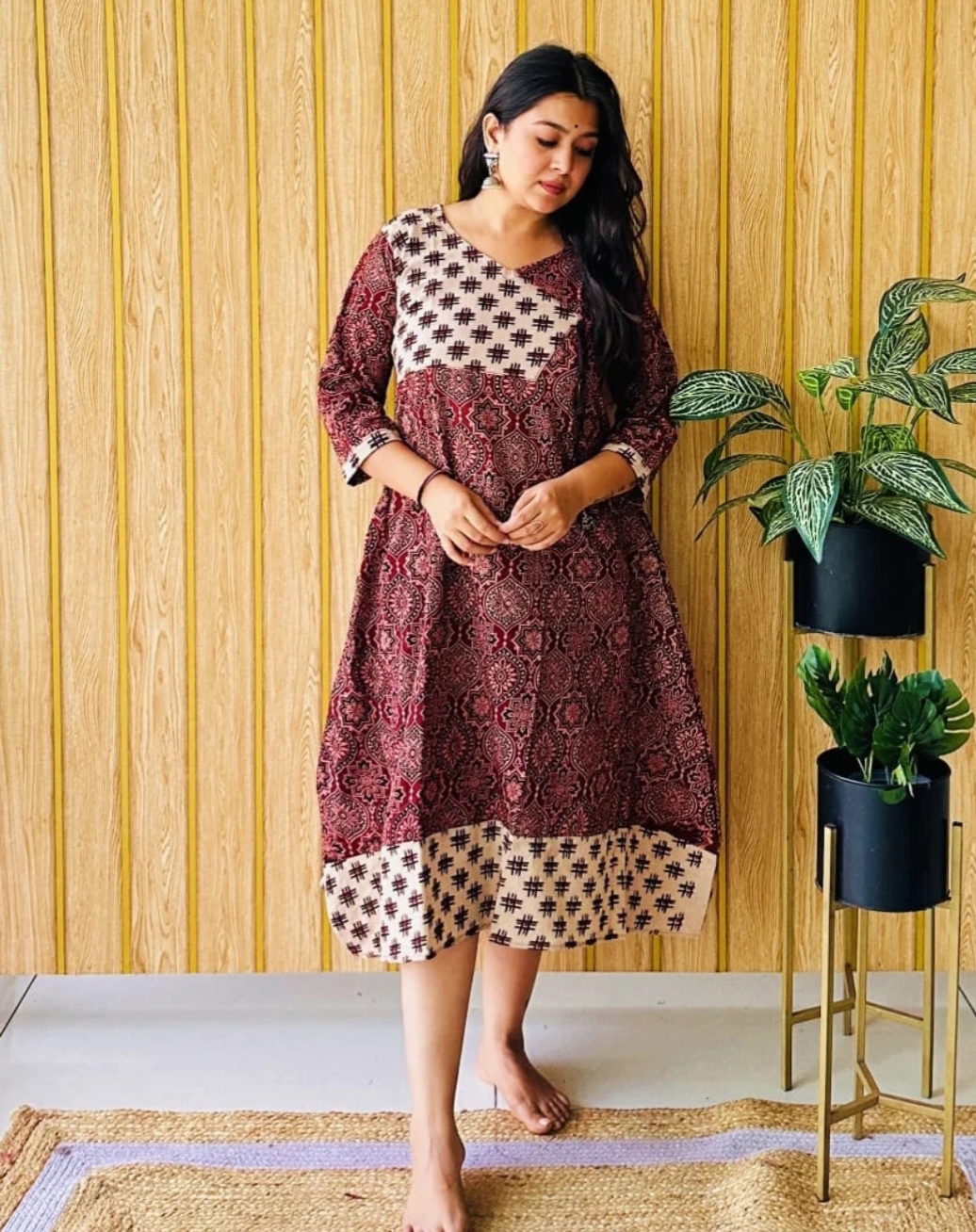 Ajrakh Vegetable Dye Angrakha A-Line One Piece – Ethnic Cotton Dress - Image 11