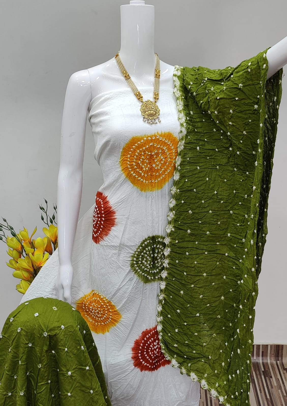 Exclusive Cotton Satin Bandhej Dress Material Set - Image 2