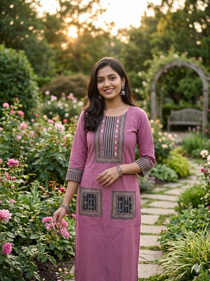 Cotton Ajrakh Kurti with Mirror Work - Image 6