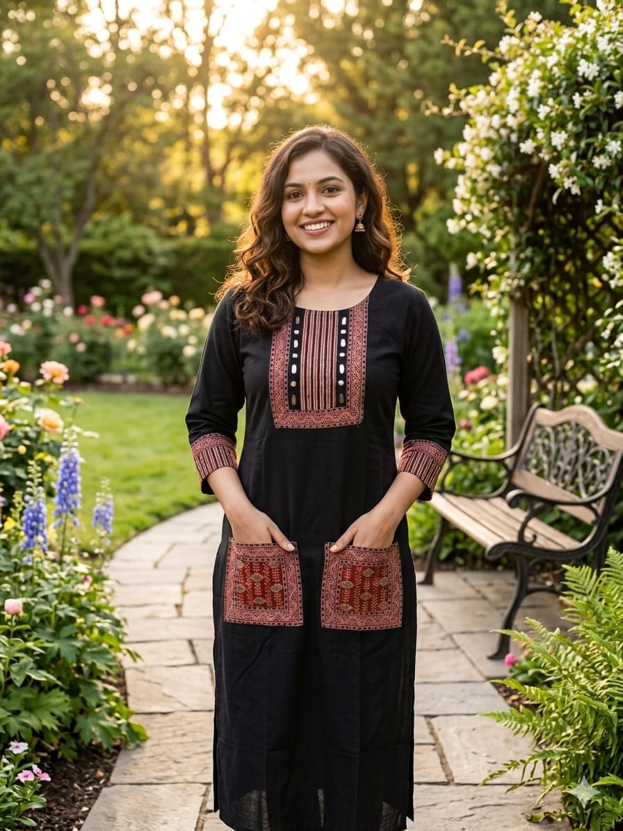Cotton Ajrakh Kurti with Mirror Work - Image 4