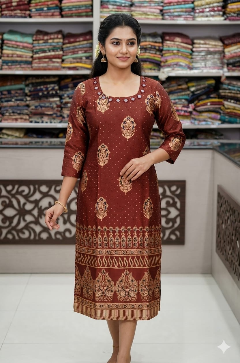 Long Straight Ajrakh Kurti with Mirror Work - Image 4