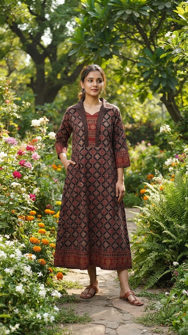 New Arrival – Ajrakh Handblock Cotton One Piece - Image 5