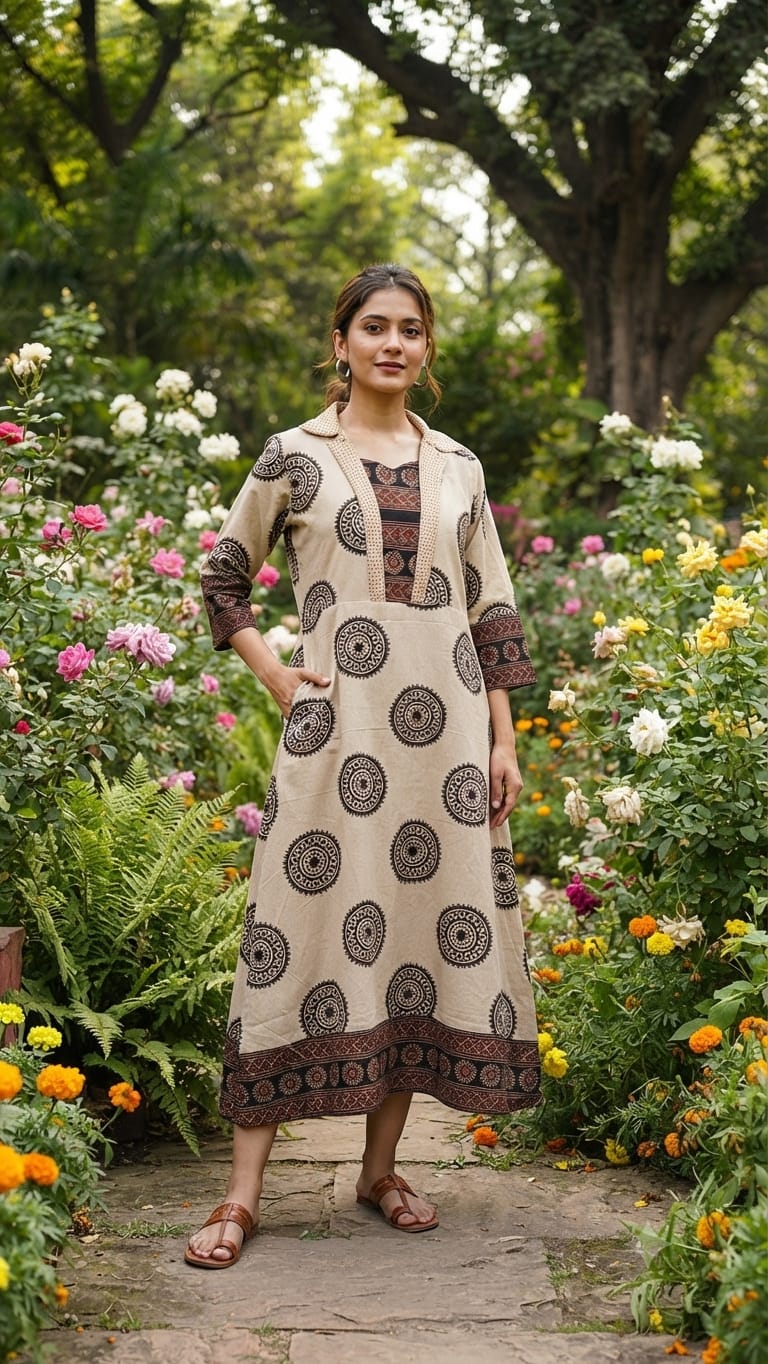 New Arrival – Ajrakh Handblock Cotton One Piece - Image 9