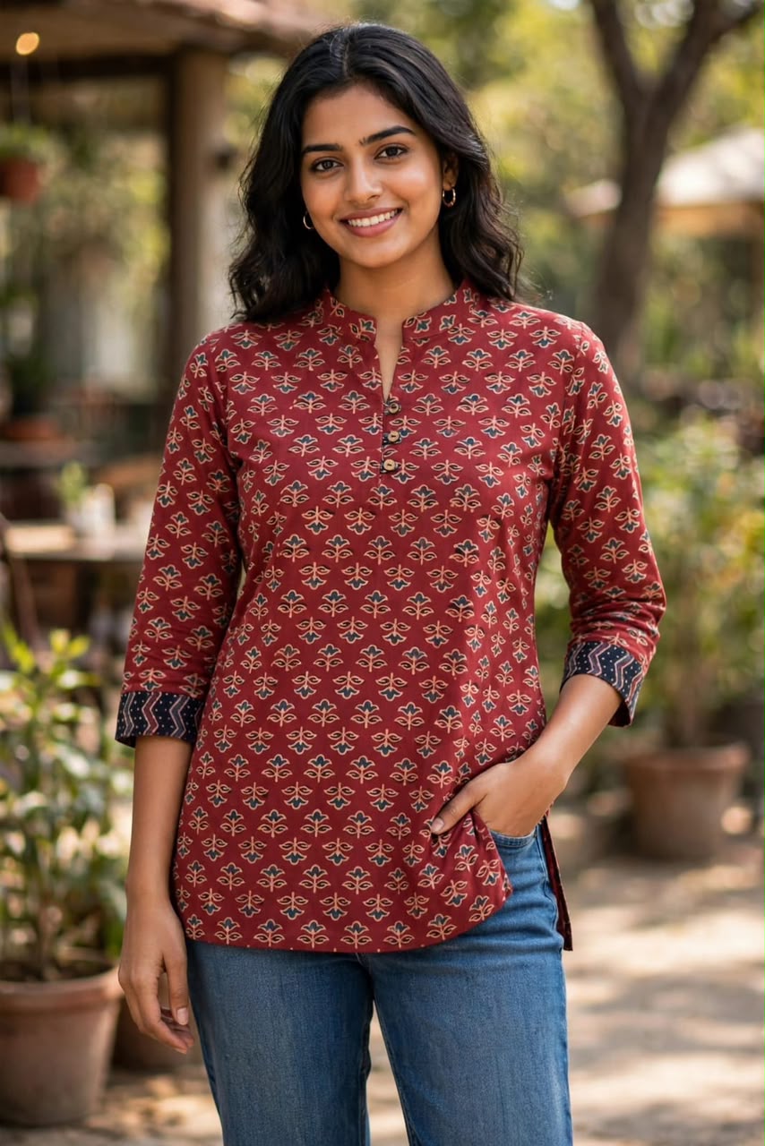 Premium Ajrakh Natural Print Straight Collar Top - Image 5