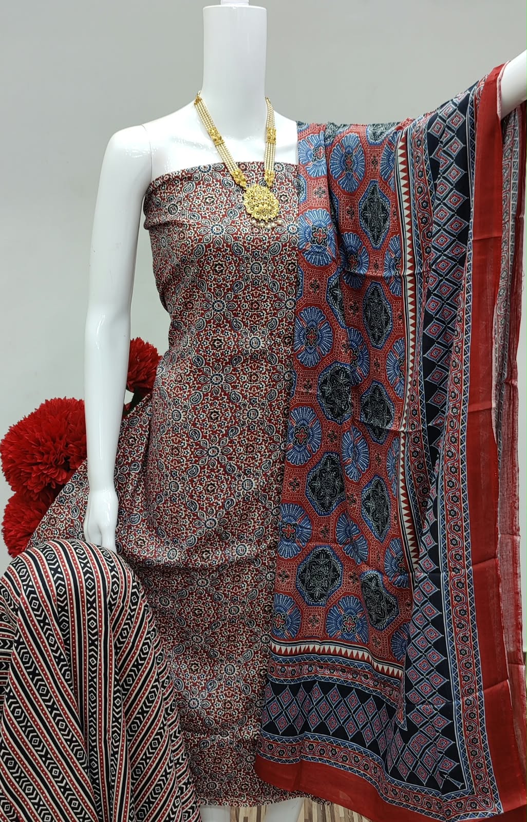 SOFT RAYON AJRAKH NECK PRINT DYEING DRESS MATERIAL