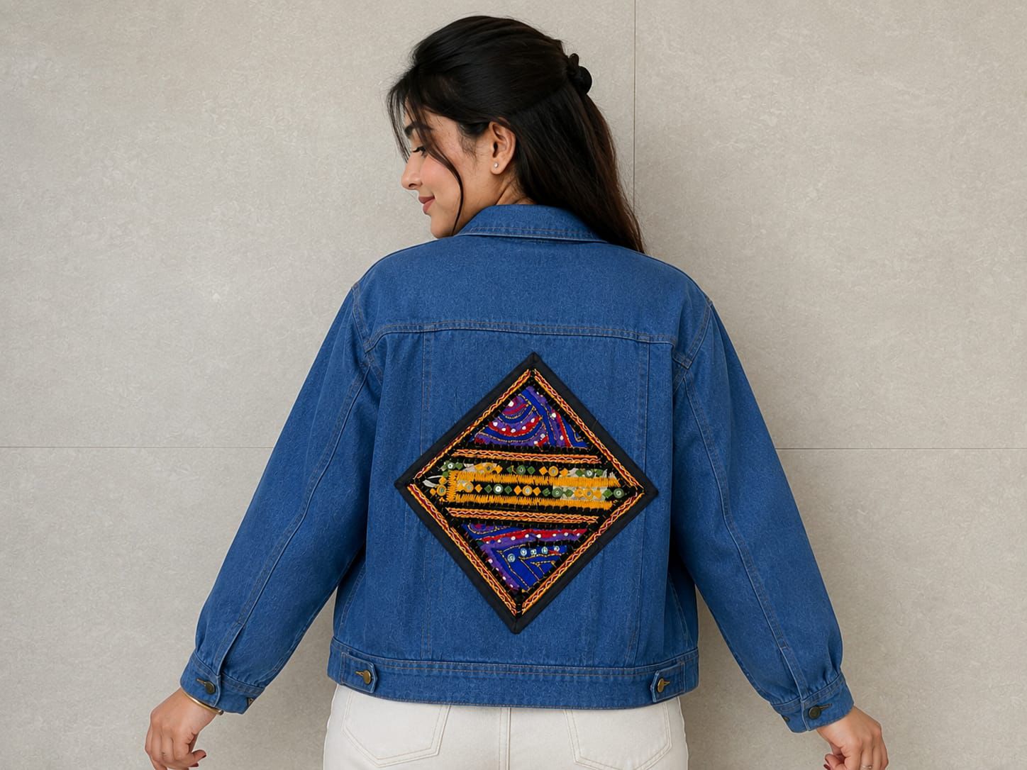 Denim Kutchi Patch Work Mirror Work Jacket - Image 3